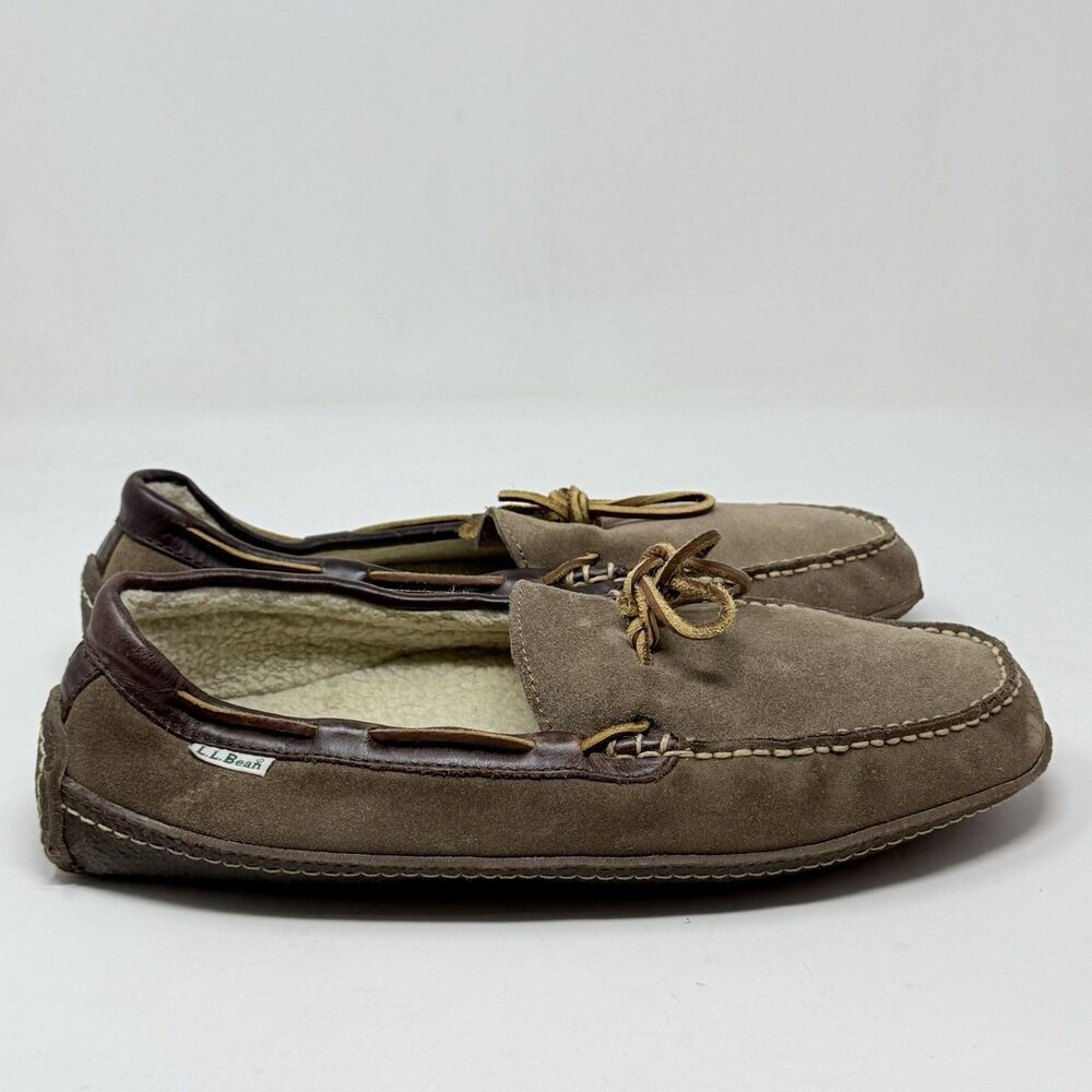LL Bean Slippers Mens 12 M Brown Suede Shearling Lined Comfort Indoor Outdoor
